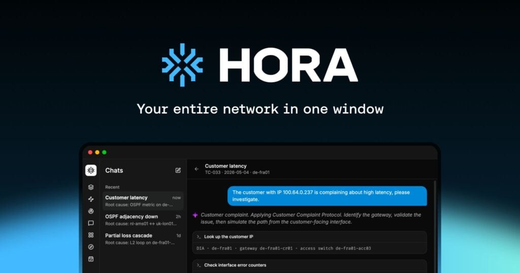 HORA AI network operations platform showing topology, metrics and alerts in one pane of glass
