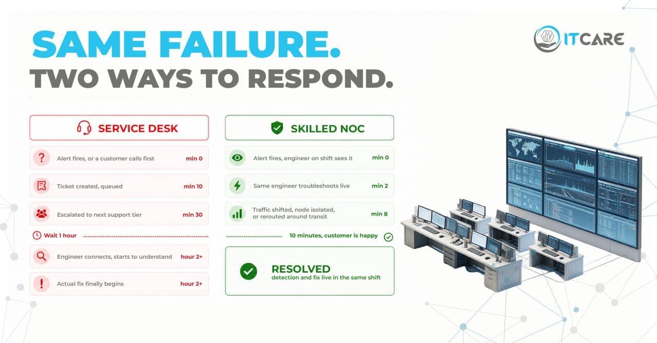 NOC engineer resolving a network outage compared to service desk ticket escalation timeline