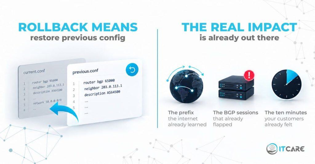 Network change management QA stages from config validation to post-change verification