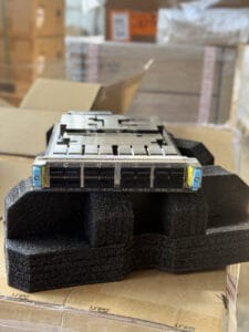 Close-up of a Juniper MX304 line card on protective foam before installation