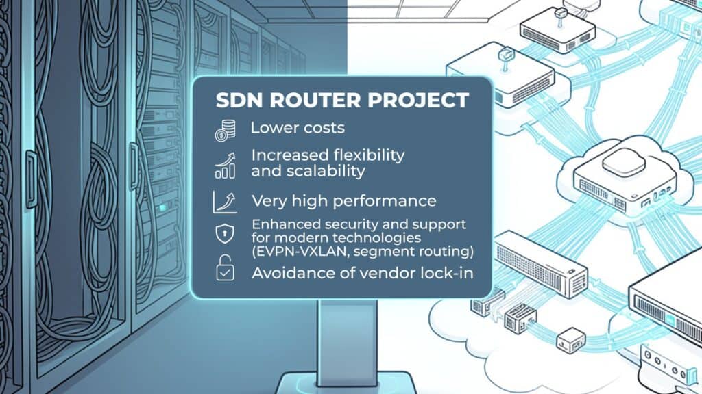 SDN router project benefits: lower cost, high performance, EVPN-VXLAN and segment routing support, no vendor lock-in