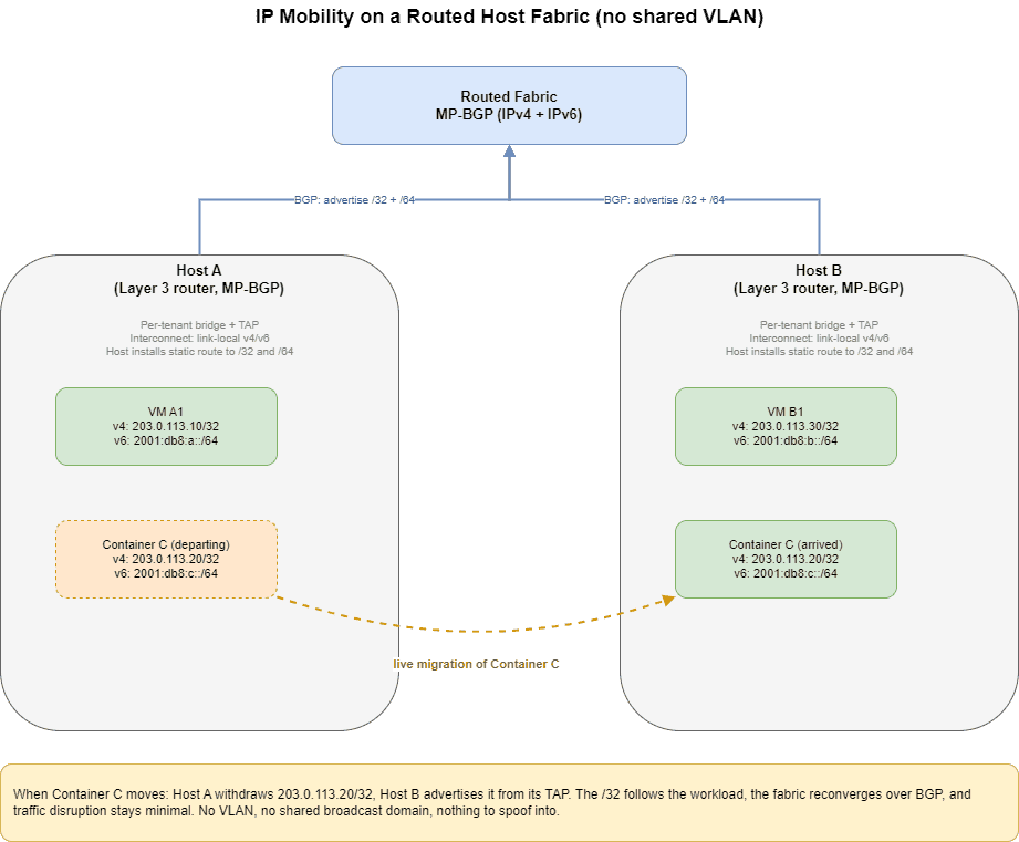 Tenant isolation on a routed MP-BGP fabric: a container's /32 and /64 follow it during live migration between Layer 3 hosts